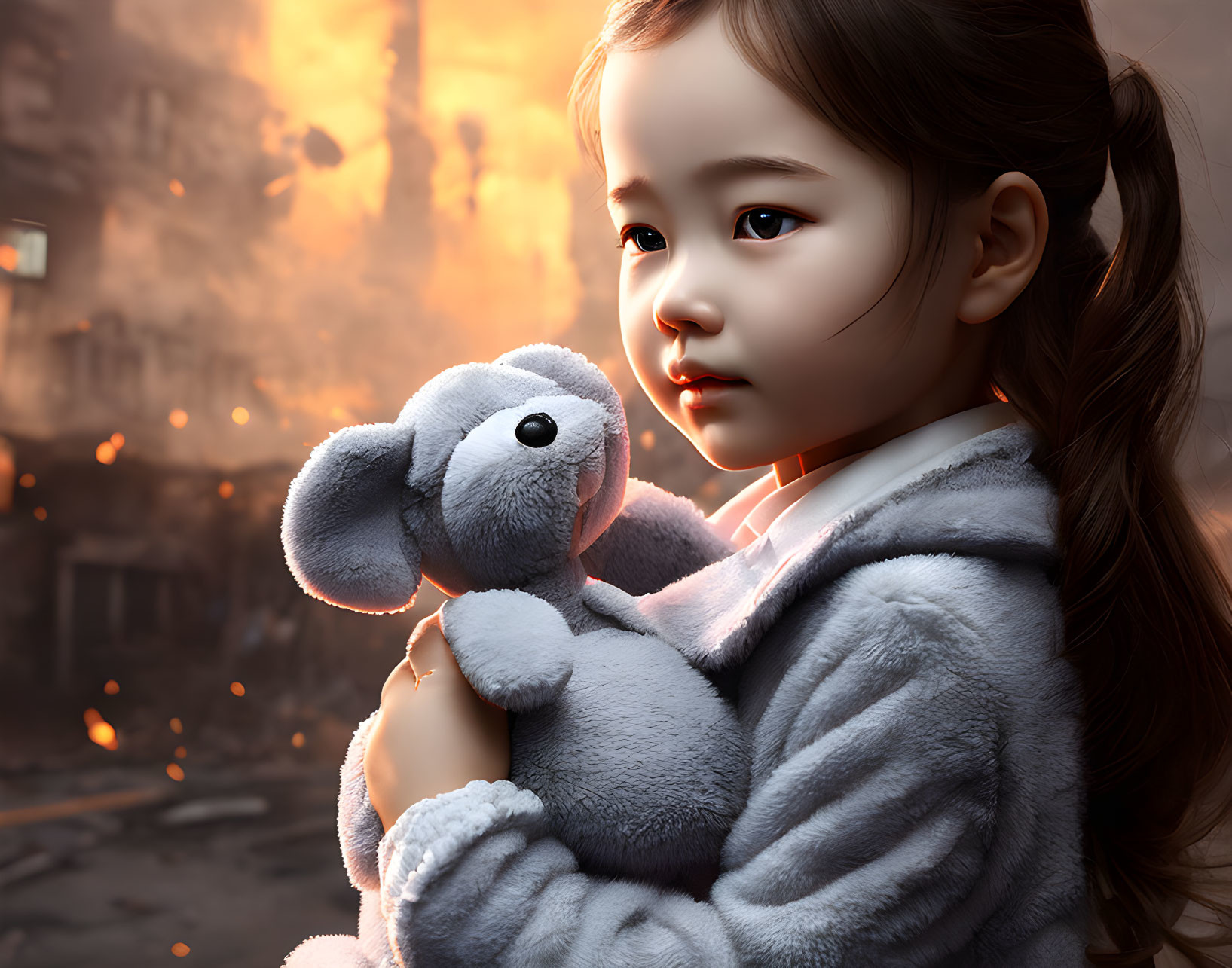 3D-rendered image of young girl with stuffed elephant in fiery backdrop