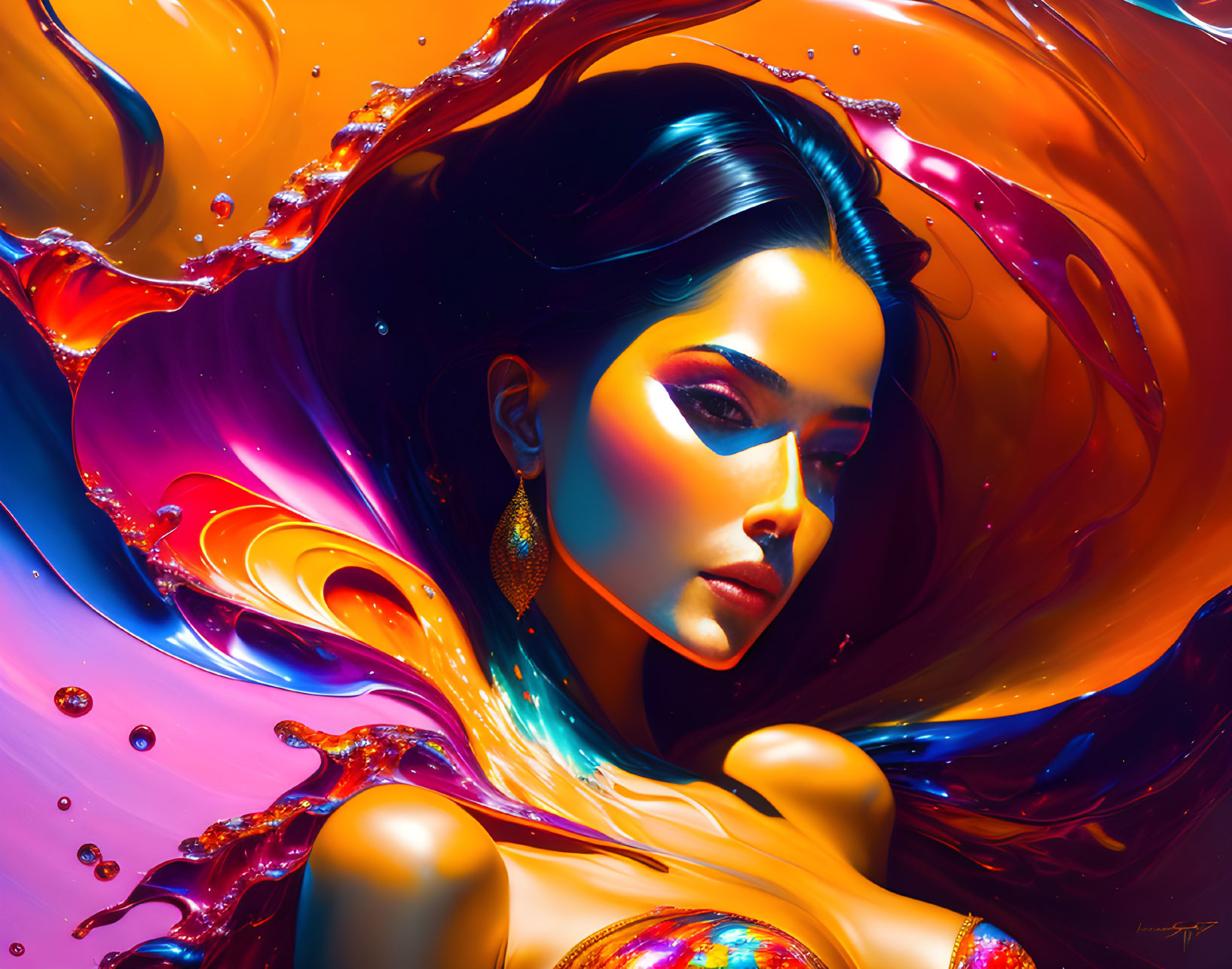 Colorful digital artwork of woman's face in swirling liquid forms