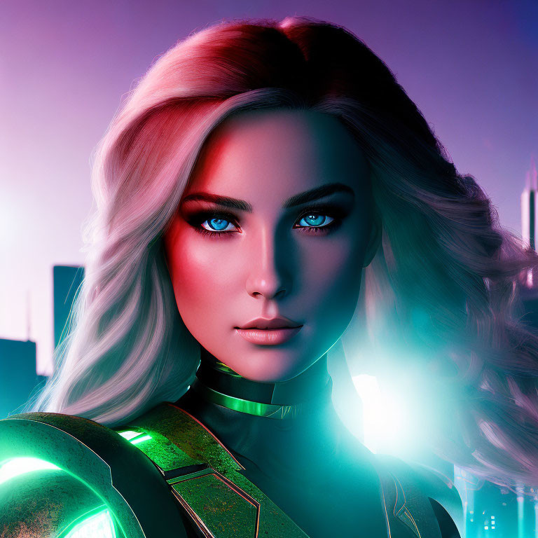 Blonde Woman in Futuristic Suit with Neon City Background