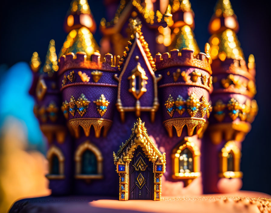 Miniature ornate purple and gold castle against blurred blue and golden background