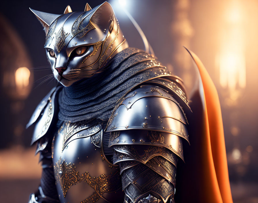 Anthropomorphic cat in knight armor with intricate designs in warm-lit setting