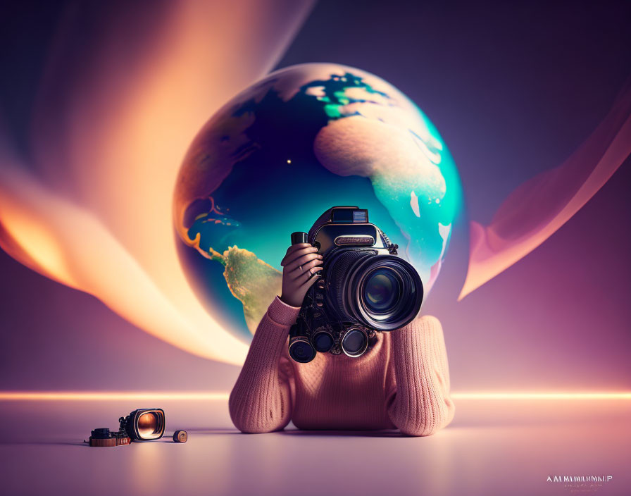 Personified Earth holding a camera in surreal illustration