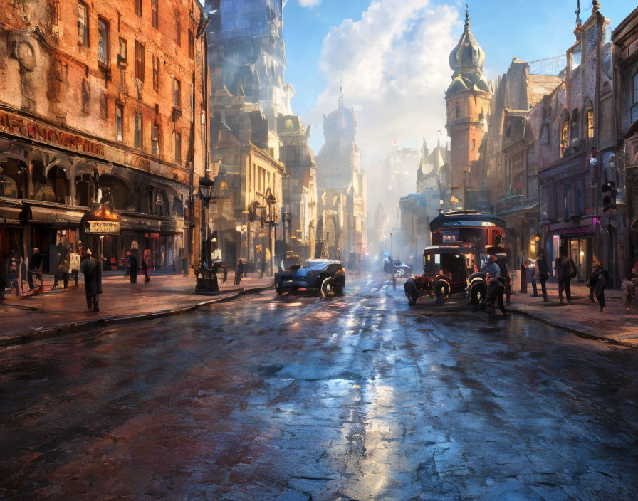 Vintage city street scene with pedestrians, old cars, tram, and warm sunlight reflections.