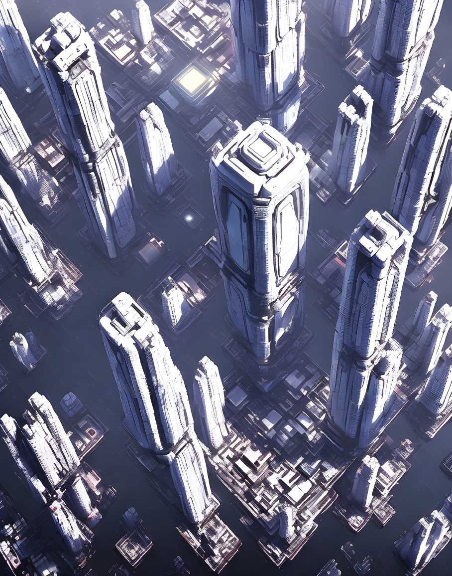 Futuristic cityscape with towering skyscrapers in cool blue light