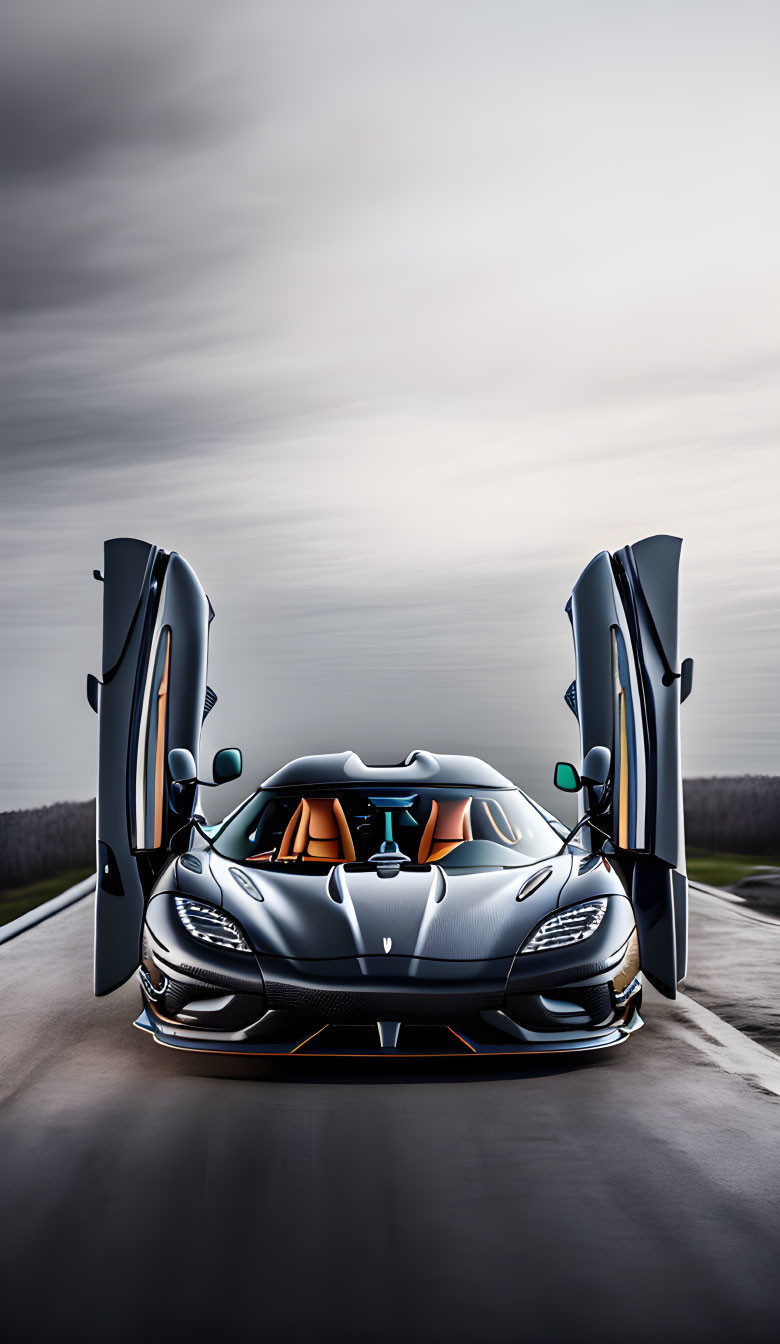 Luxurious sports car with upward-opening doors on asphalt road