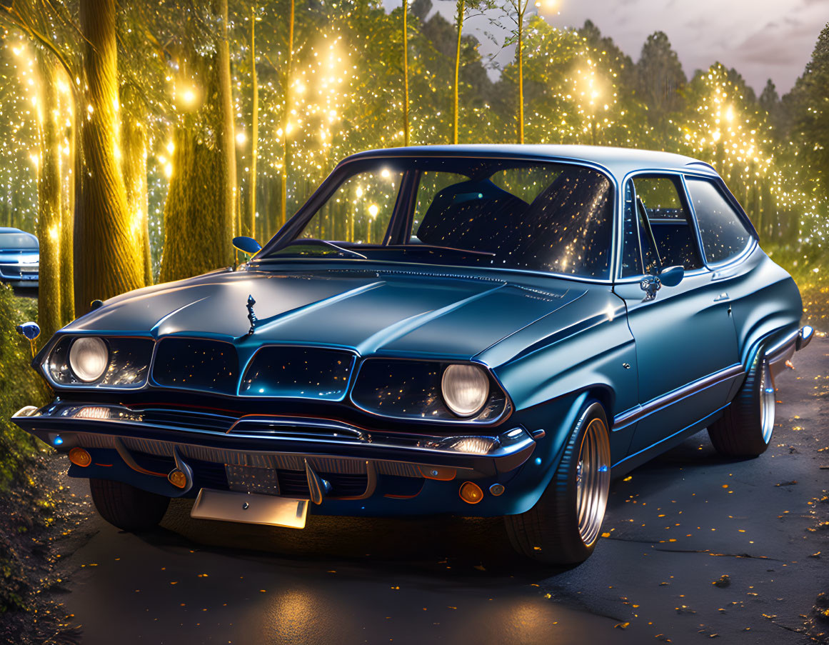 Vintage Blue Car with Twinkling Lights and Weeping Willows at Dusk