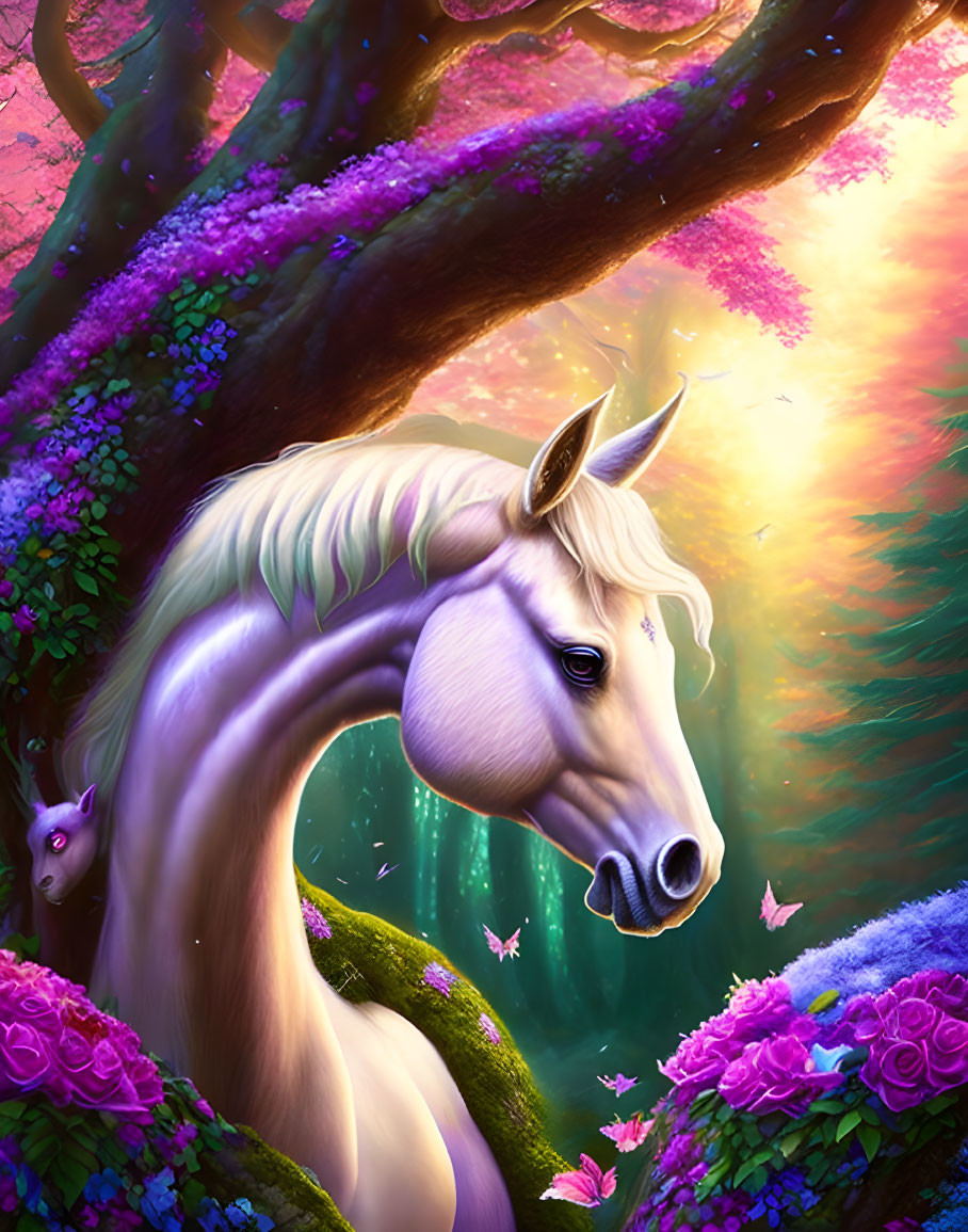 Majestic unicorn in enchanted forest with flowers and squirrel