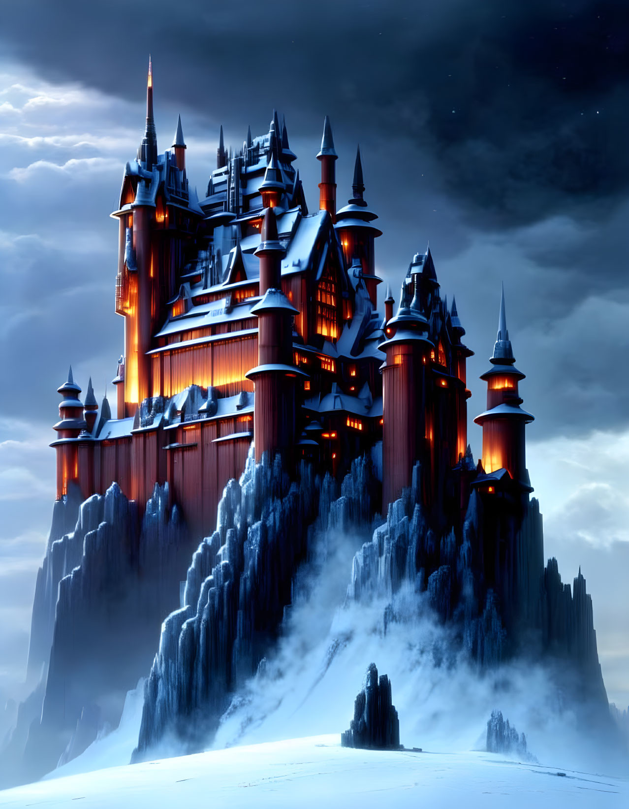 Majestic Gothic castle on snowy cliff under night sky