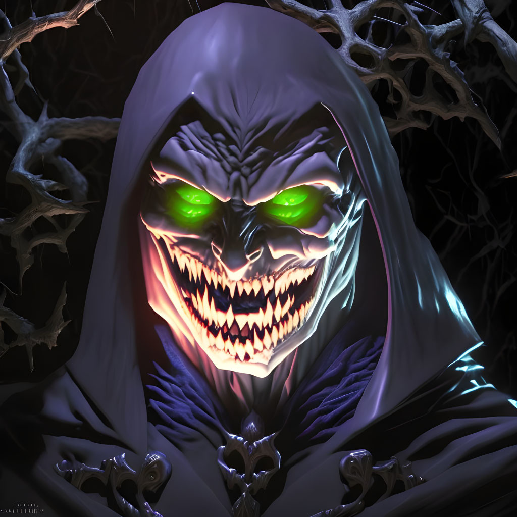 Sinister hooded figure with glowing green eyes and skeletal face among twisted branches