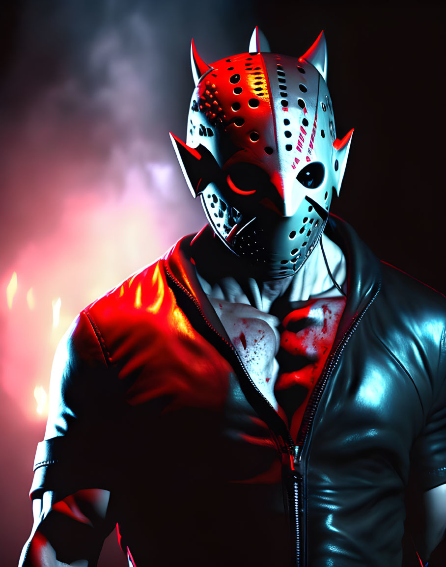 Person in Horror Mask and Red Leather Jacket Under Dramatic Lighting