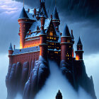 Majestic Gothic castle on snowy cliff under night sky