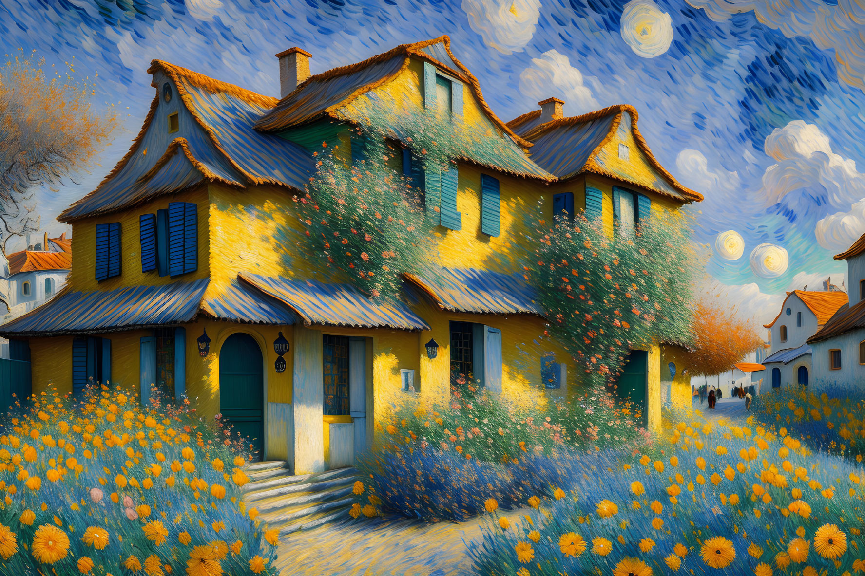 Yellow House with Green Ivy and Blossoming Flowers in Impressionist Style