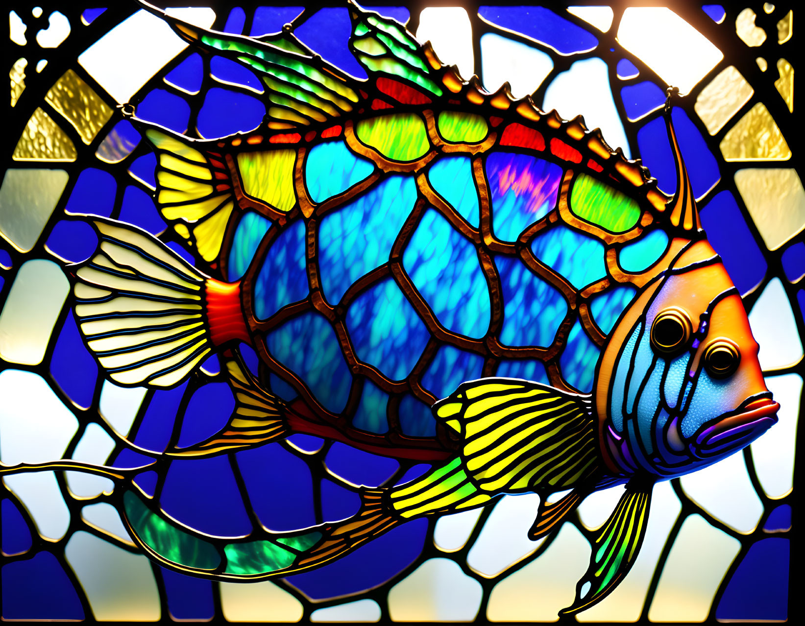 Colorful Fish Stained Glass Artwork on Blue Mosaic Background