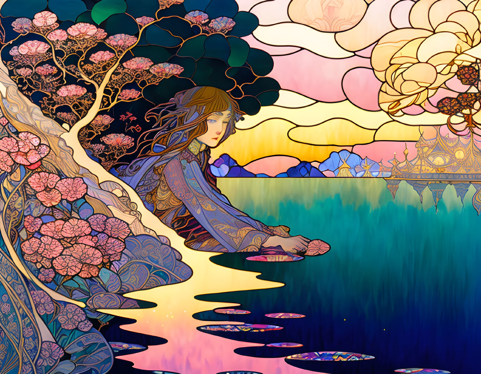 Colorful stylized illustration of woman by reflective lake & ornate trees.