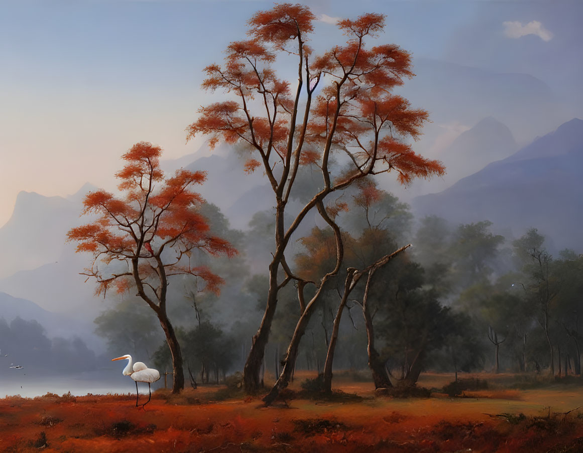 Scenic autumn landscape with orange trees, egret, and distant mountains