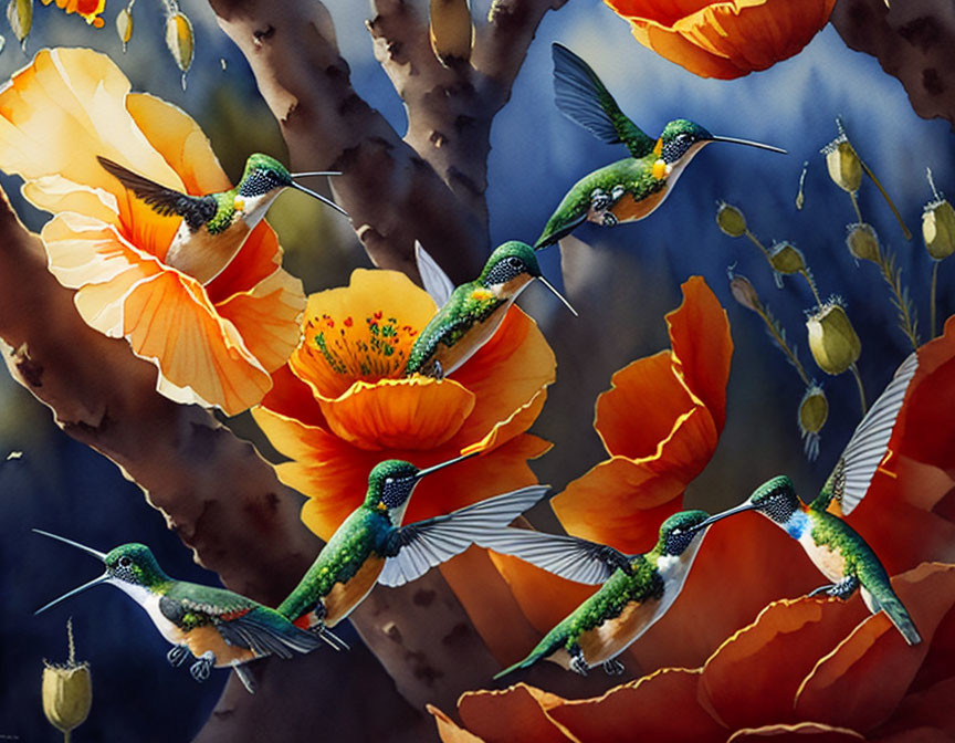 Colorful painting of hummingbirds and flowers in vibrant hues