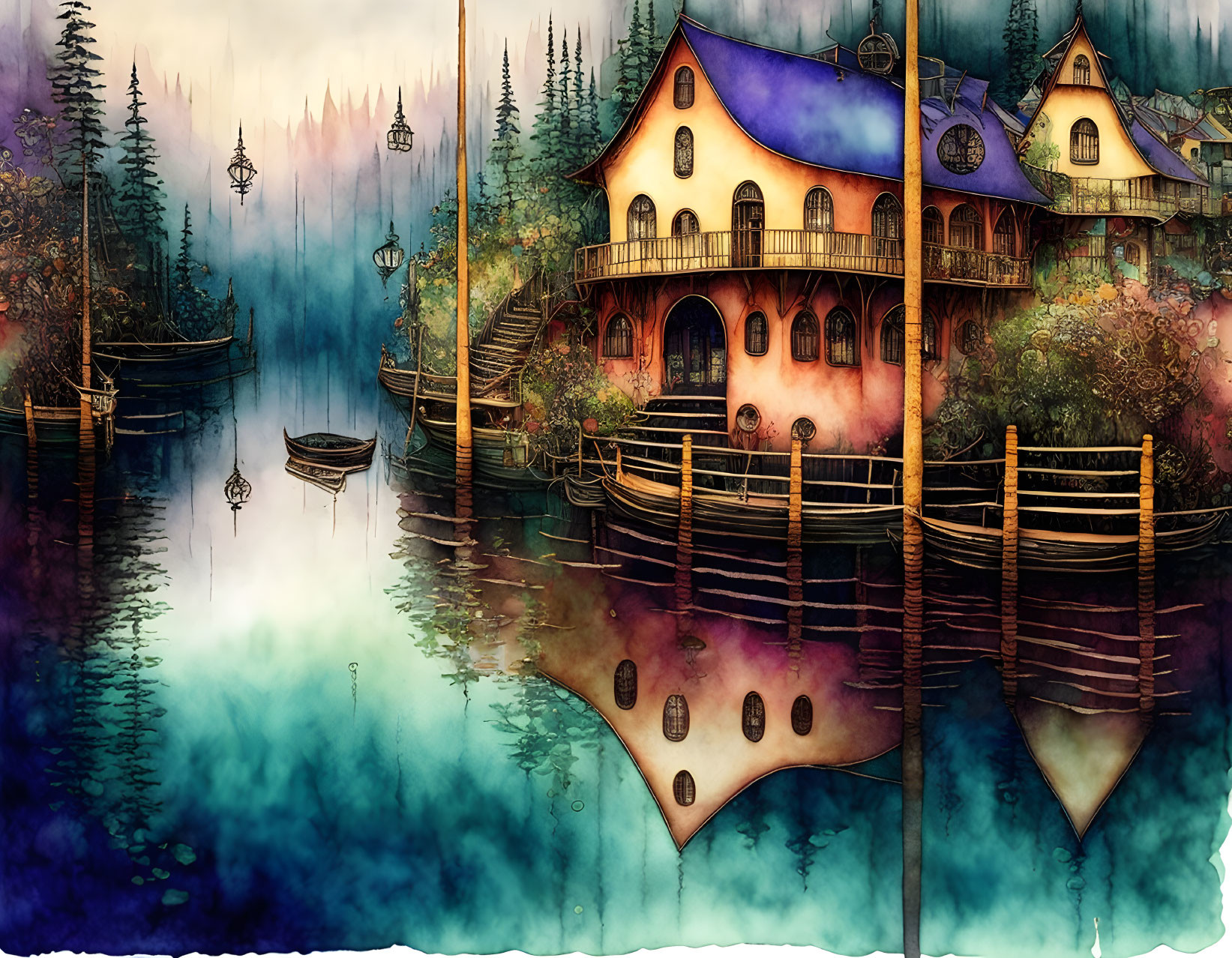 Whimsical watercolor fantasy illustration of houses on a calm lake