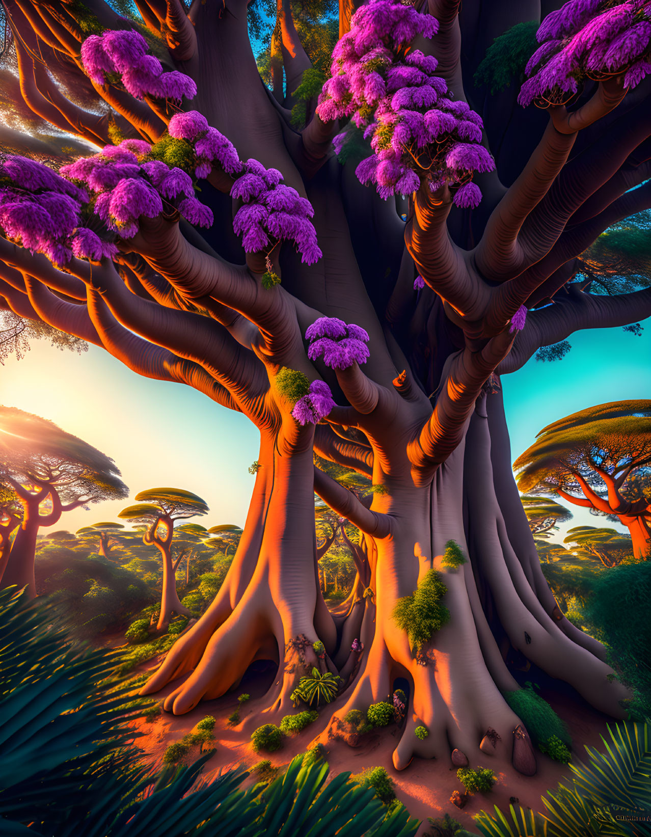 Colorful Fantasy Landscape with Giant Purple Tree and Unique Flora