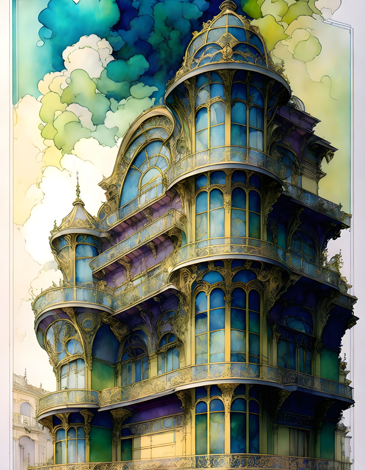 Whimsical Victorian building illustration with blue and purple hues