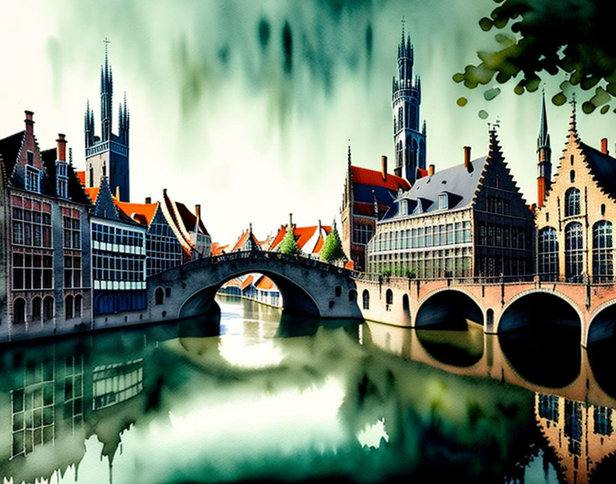 Traditional European architecture with stone bridge, Gothic spires, and lush greenery.