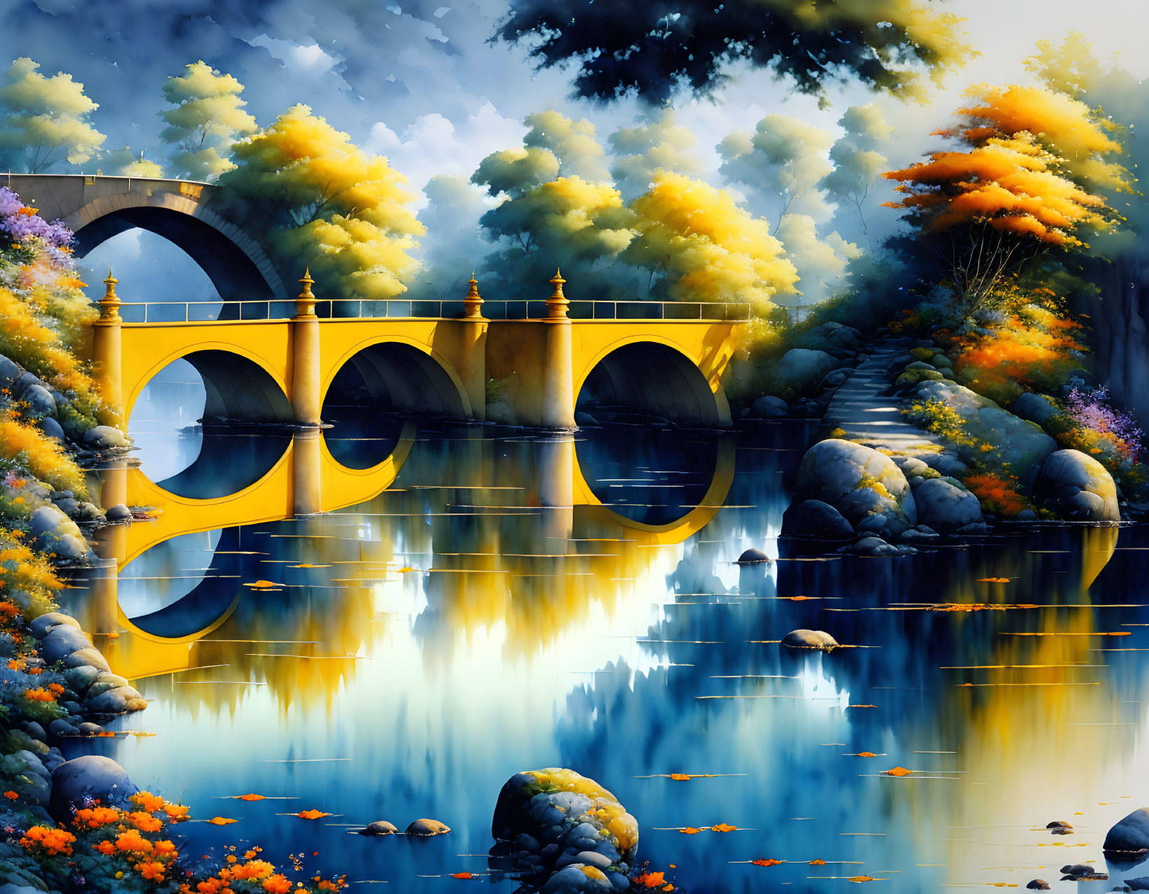 Colorful Landscape Painting: Stone Bridge Over River in Autumn