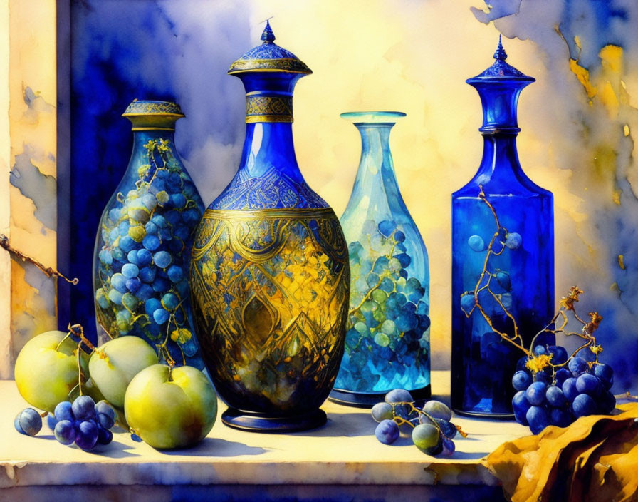 Colorful still life painting with blue and gold vases and grapes.