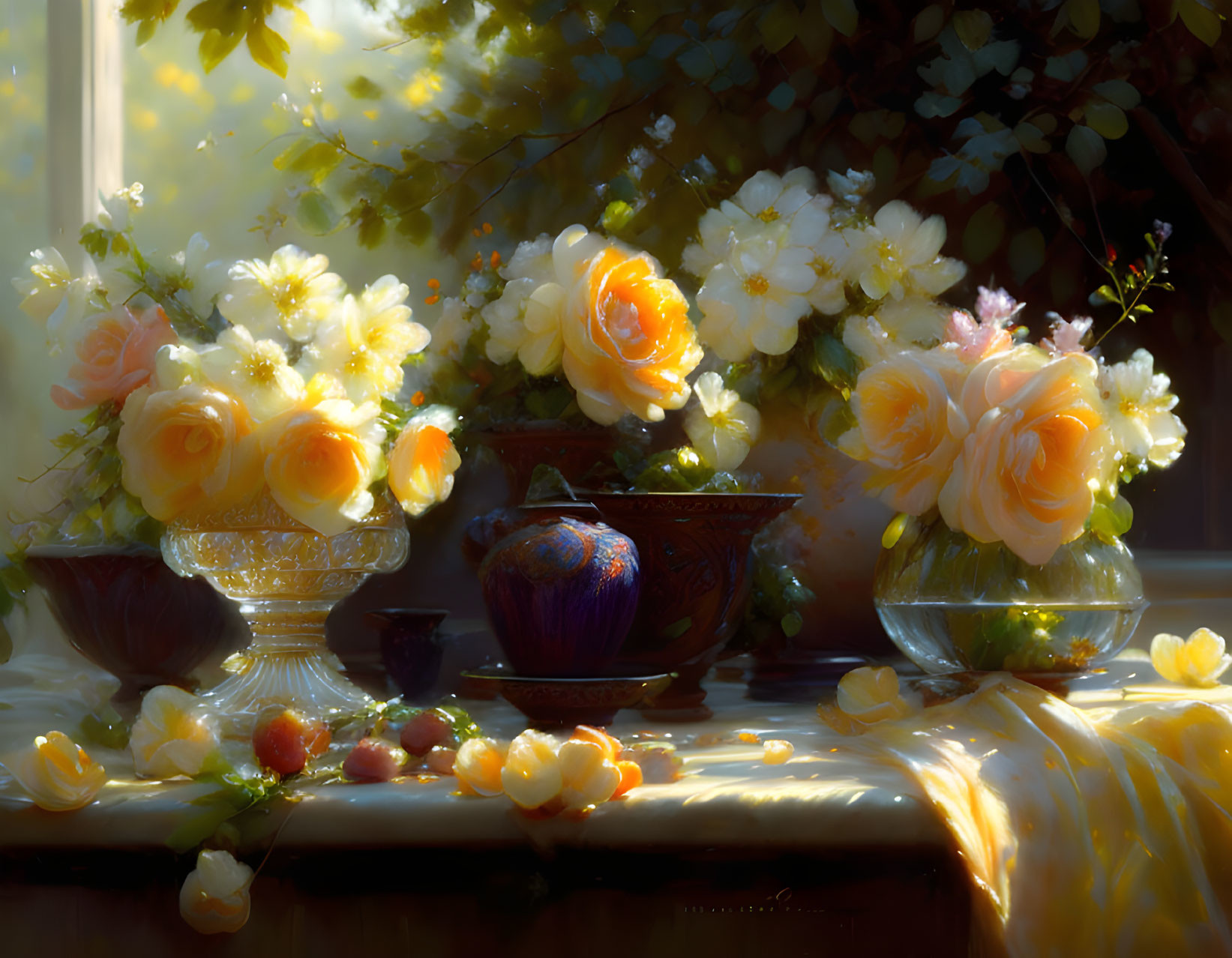 Peach-Colored Roses in Glass Vases on Sunlit Table