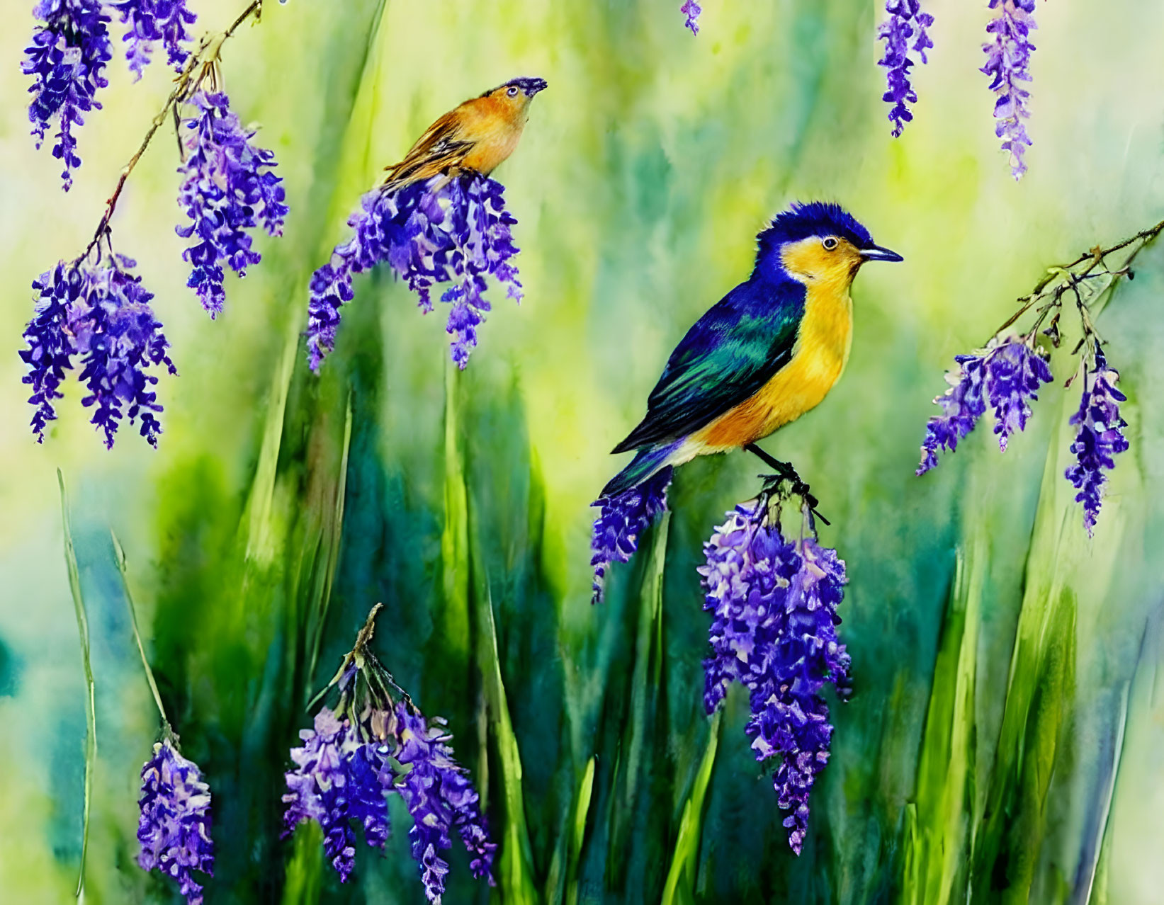 Colorful Birds Perched on Branches Among Vibrant Purple Flowers