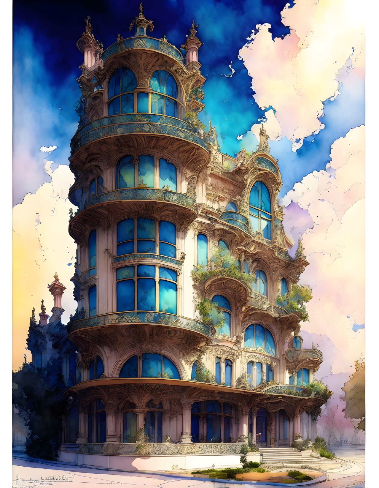 Fantasy-inspired illustration of ornate blue building with balconies & clouds.