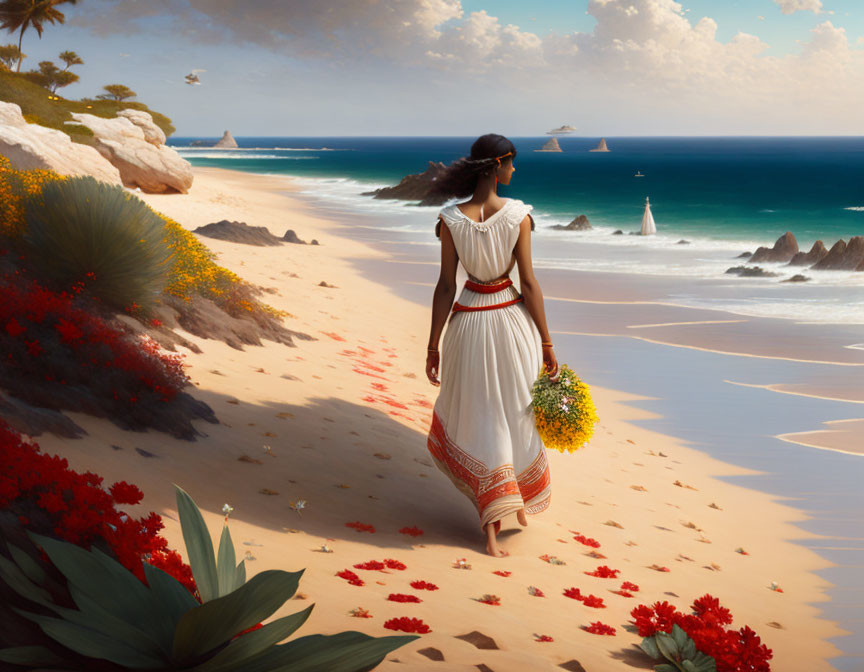 Woman in white dress with red accents walking on sandy beach with wildflower bouquet, sailboats, and