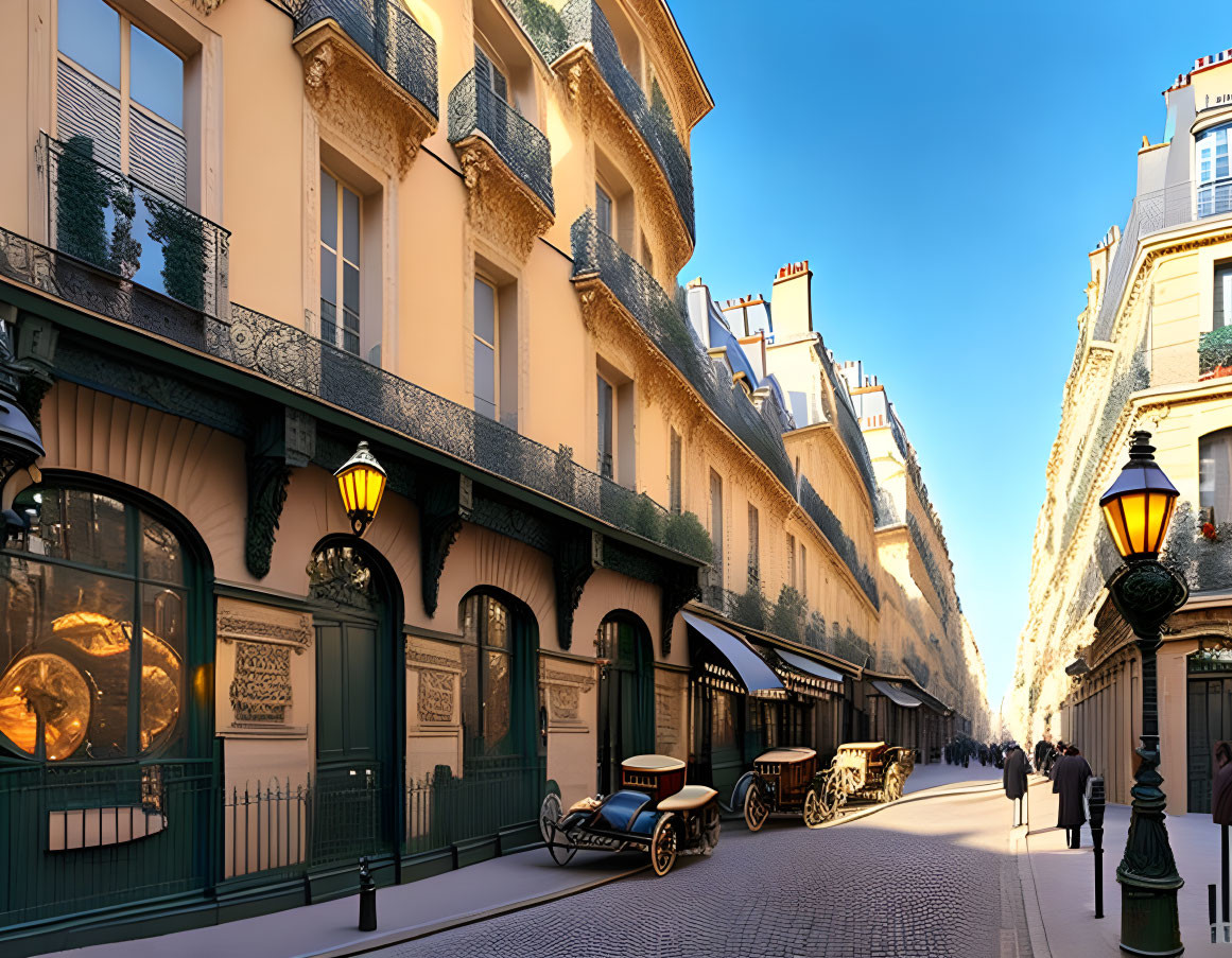 Vintage cars and elegant buildings on Parisian street at dusk