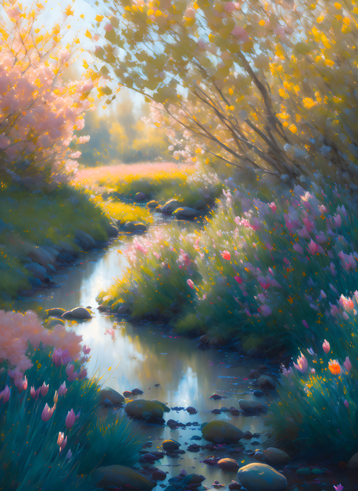 Tranquil stream in sunlit meadow with blooming flowers