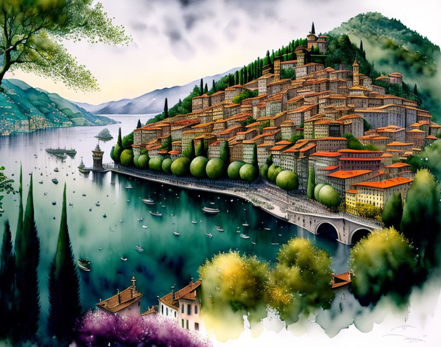 Idyllic lakeside town painting with terracotta roofs and boats