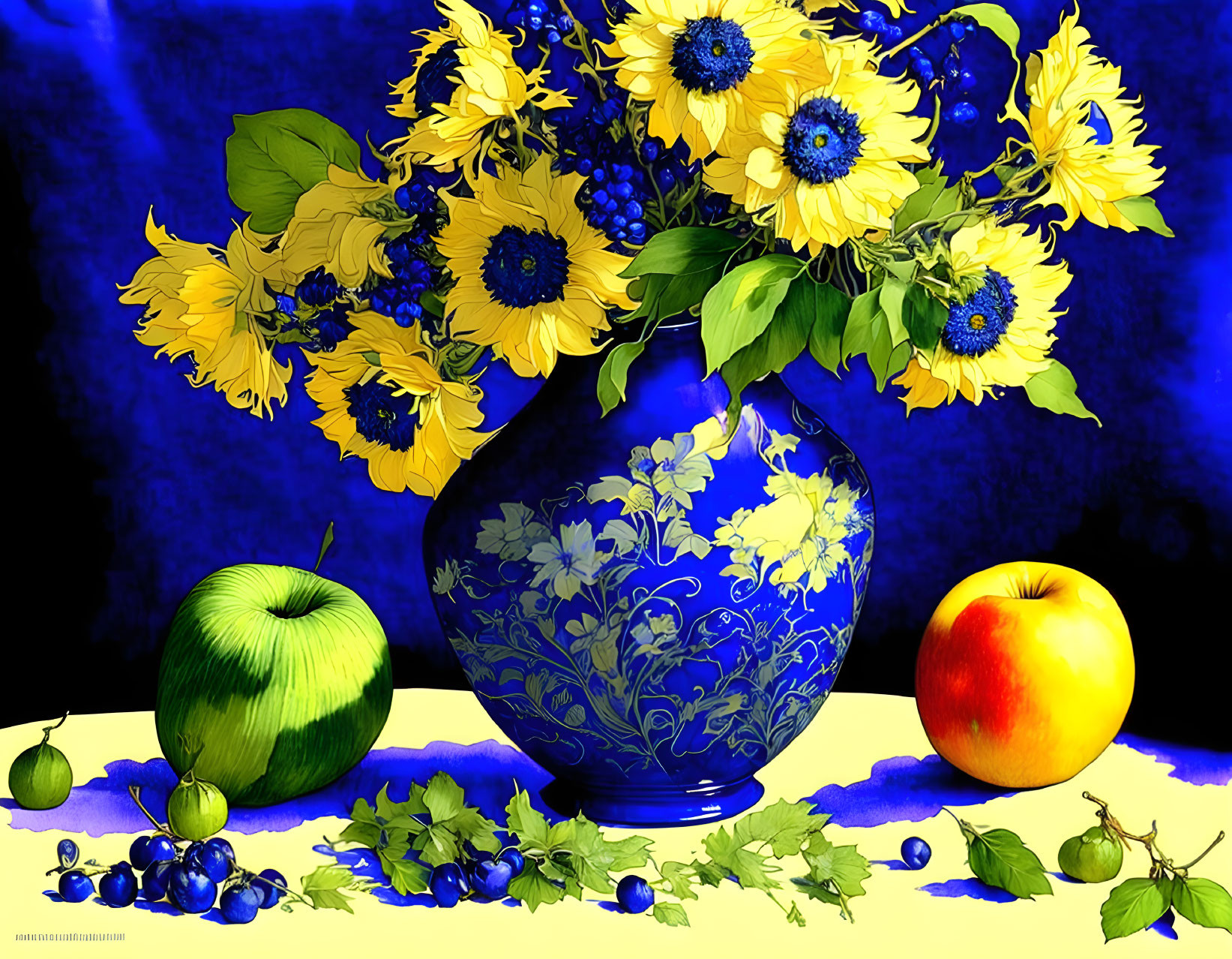 Colorful Sunflower Floral Arrangement with Fruits on Blue Background