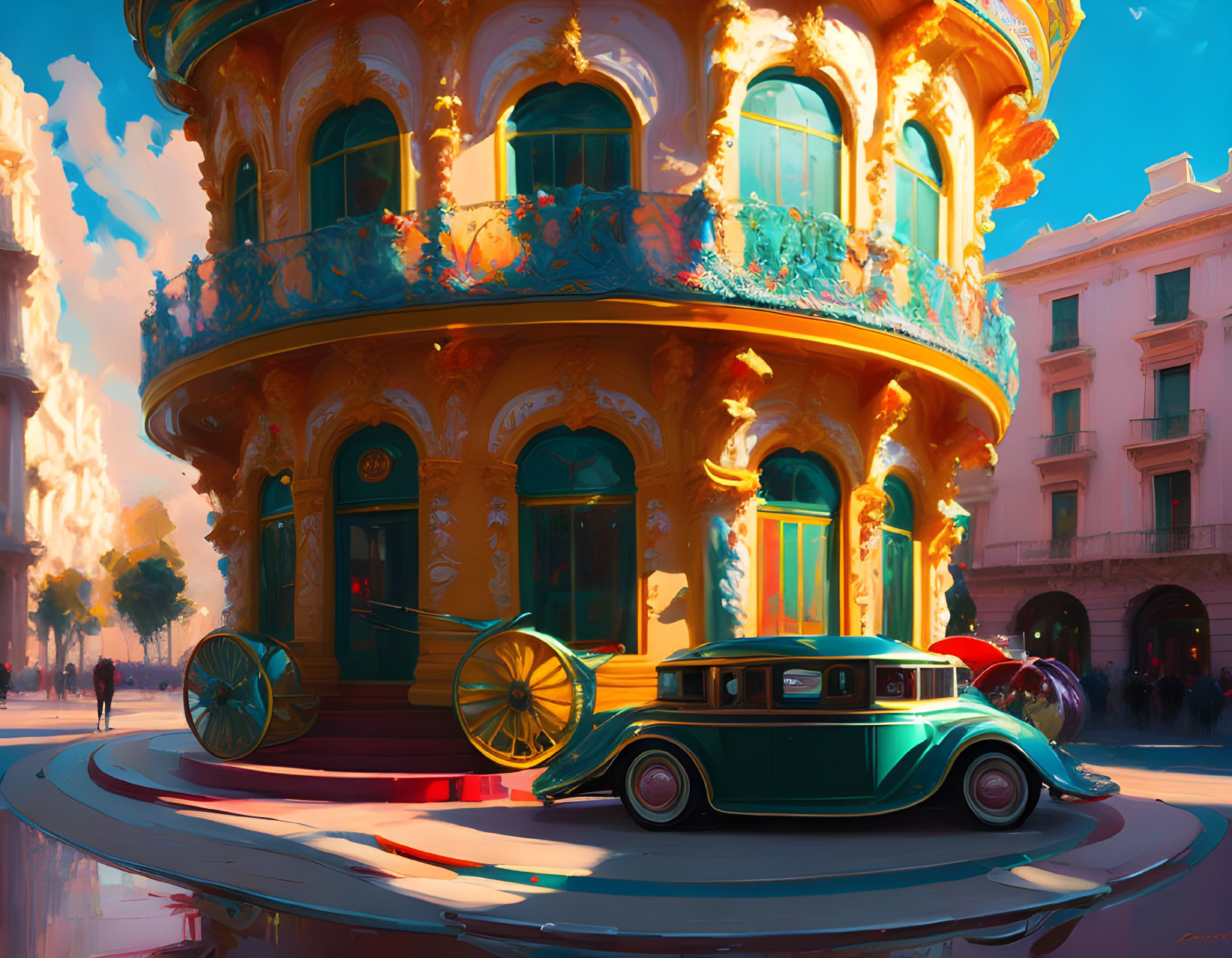 Vintage green car parked outside ornate colorful building in bustling street scene