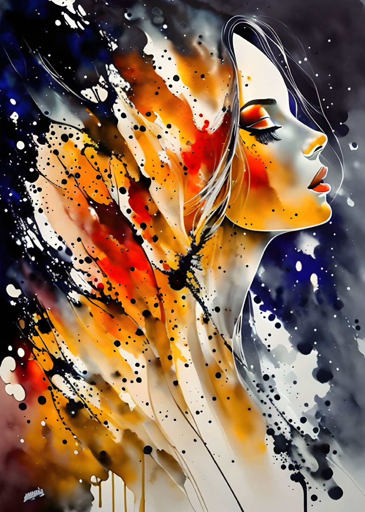 Abstract digital painting of woman's profile with vibrant orange, red, black, and white splashes on