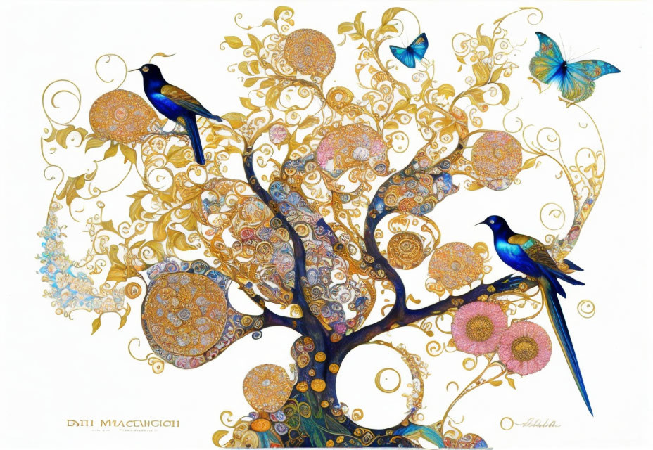 Vibrant artwork of ornate tree with gold accents and birds