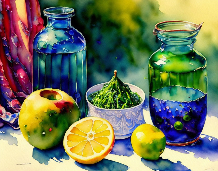 Vibrant Still Life with Fruits and Colored Liquids