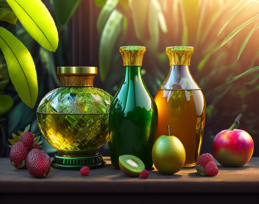 Ornate Bottles with Liquid and Fruits on Table