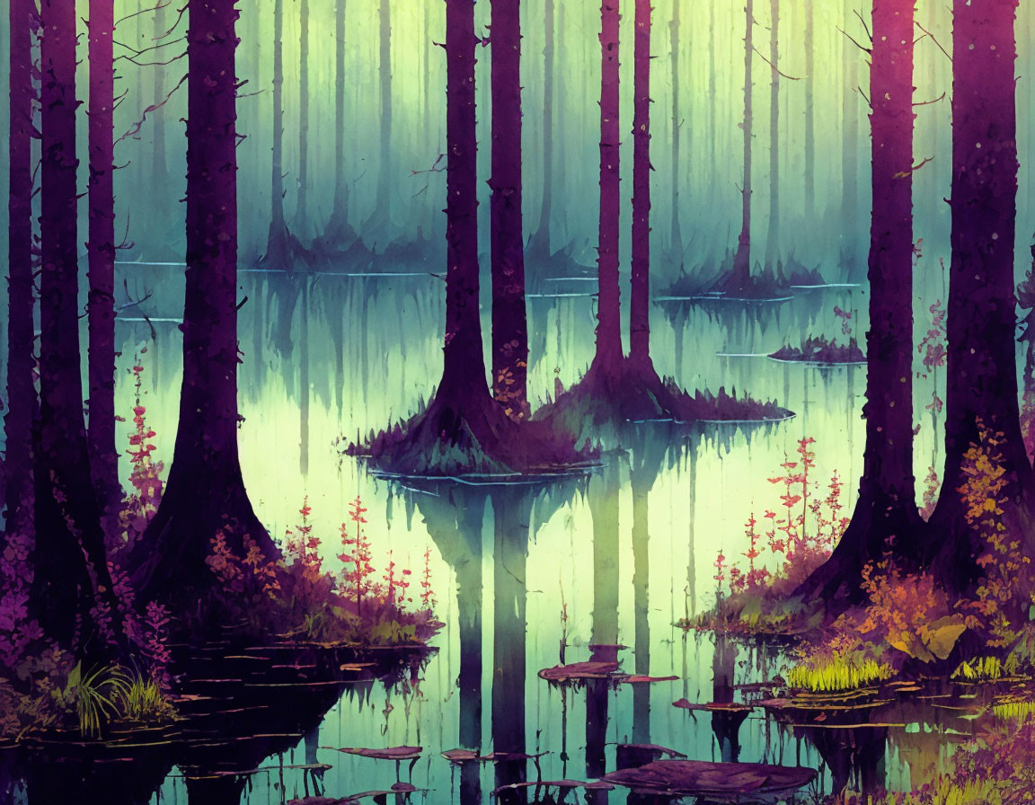 Tranquil forest scene with tall trees reflected in serene water, bathed in purples and