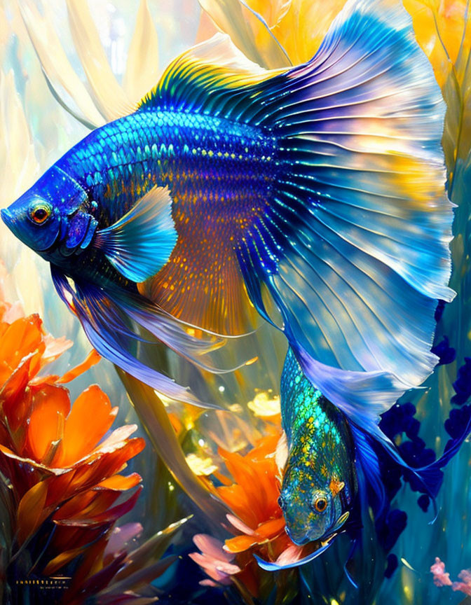 Colorful Betta Fish Artwork with Orange Aquatic Flora