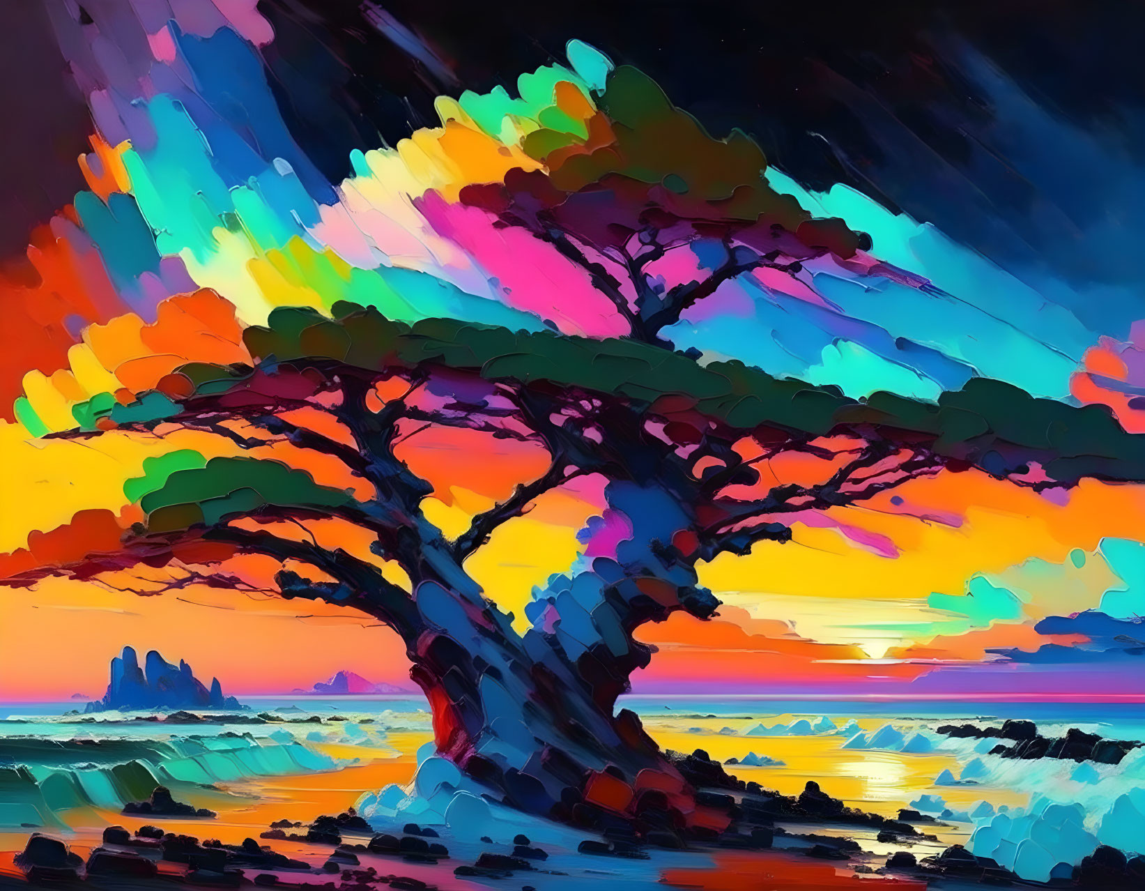 Colorful Tree Painting at Sunset Over Sea with Rocks