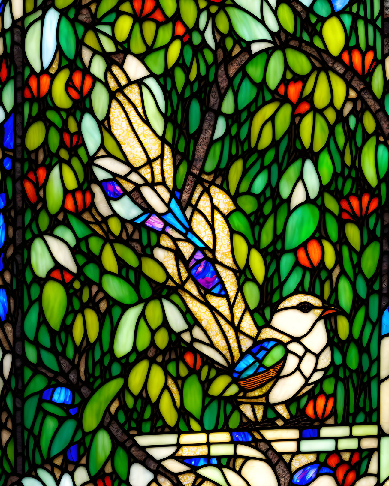 Colorful Bird Among Branches Stained Glass Art with Vibrant Hues