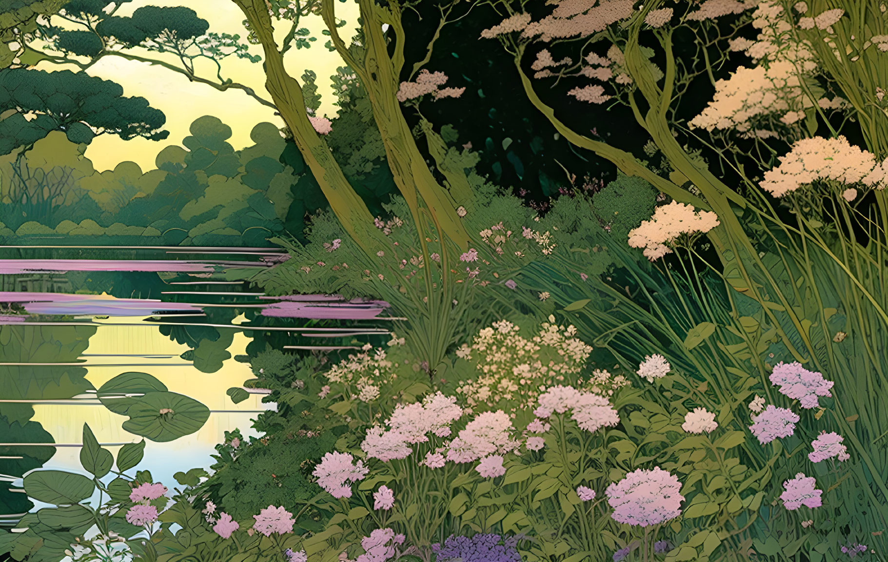 Tranquil pond with lush vegetation and flowers in Art Nouveau style