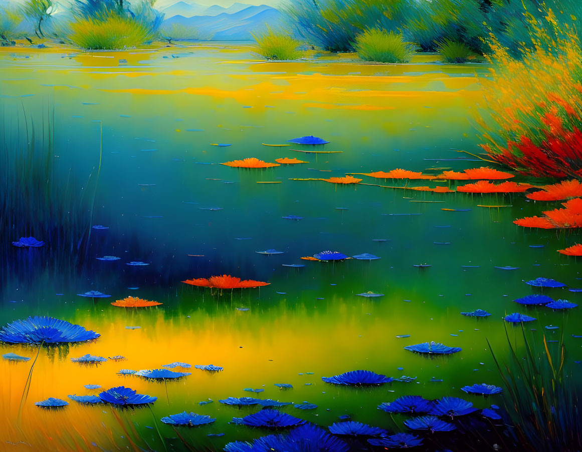 Scenic painting of pond with blue and orange lily pads, mountain backdrop