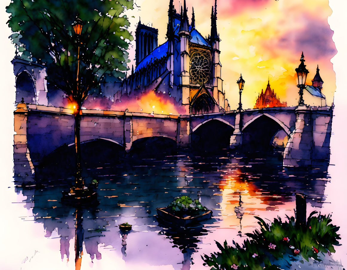 Colorful watercolor sunset scene with bridge, cathedral, and reflections.