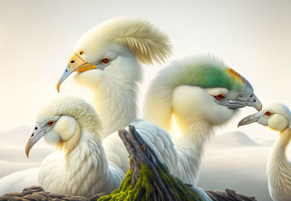 Colorful white plumage birds perched on branch in serene setting