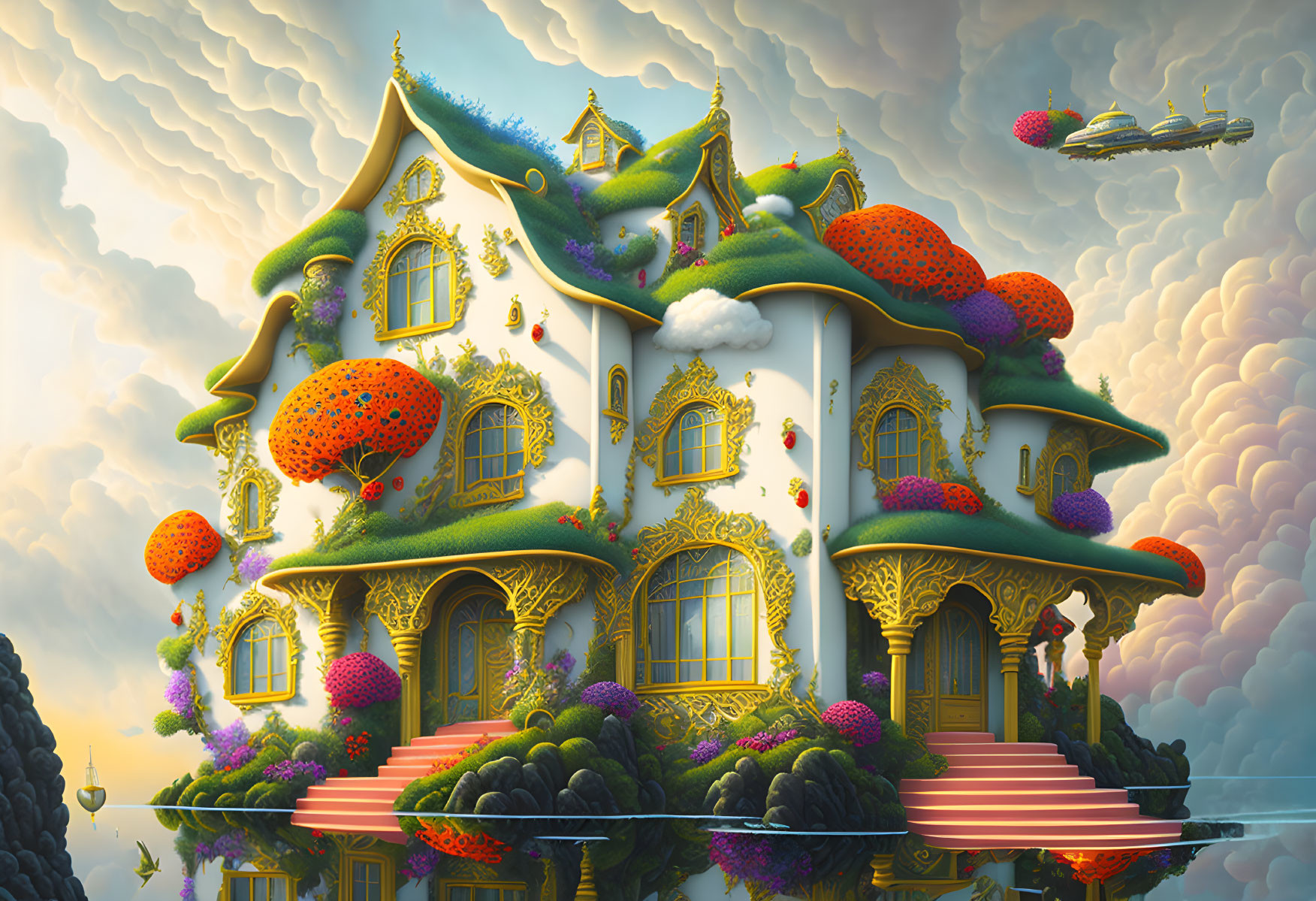 Fantasy illustration of ornate mushroom house with flying ships in cloudy sky