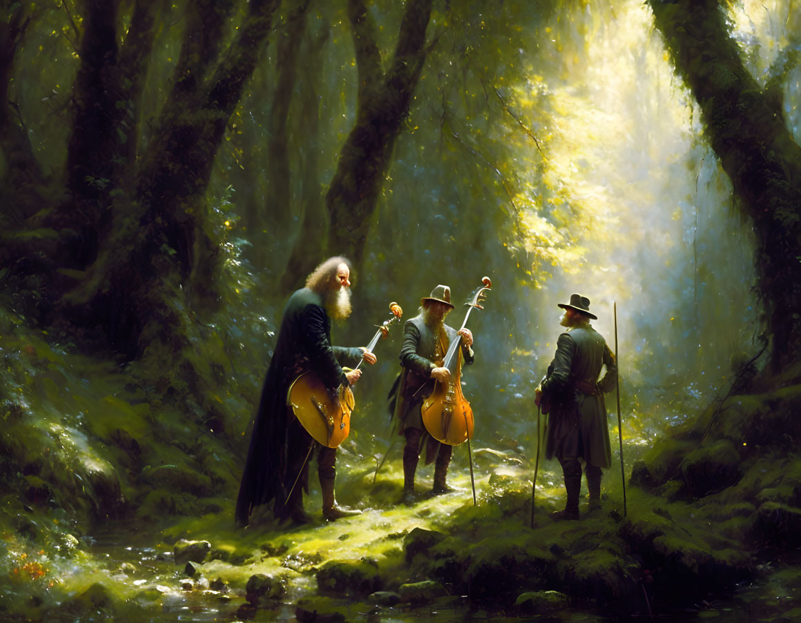 Three people in historical attire playing stringed instruments in a sunlit forest.