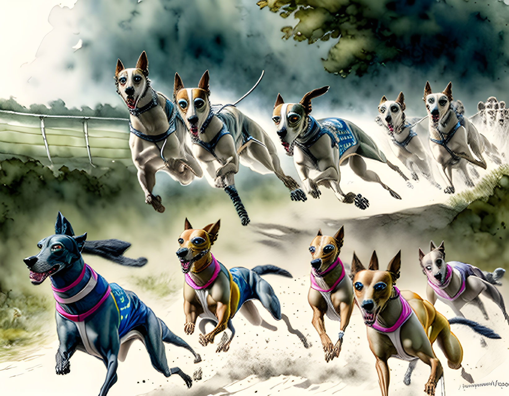 Colorful animated dogs running in dynamic cloudy background